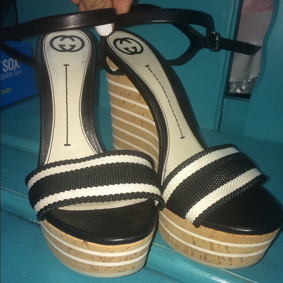 Gucci Shoes - Gucci Black & Ivory Wedges